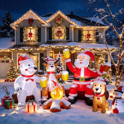 Christmas Inflatable Decoration, Santa Reindeer Bear & Puppy Around Campfire Inflatable with Built-in LED Lights, for Yard, Garden, Lawn, Party, Holiday Decor