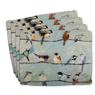 Ensemble de 4 napperons en polyester tressé - petits oiseaux colorés