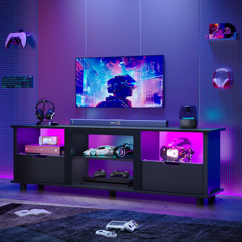 Black Carbon Fiber 70" LED Gaming TV Stand with Drawers and Shelves