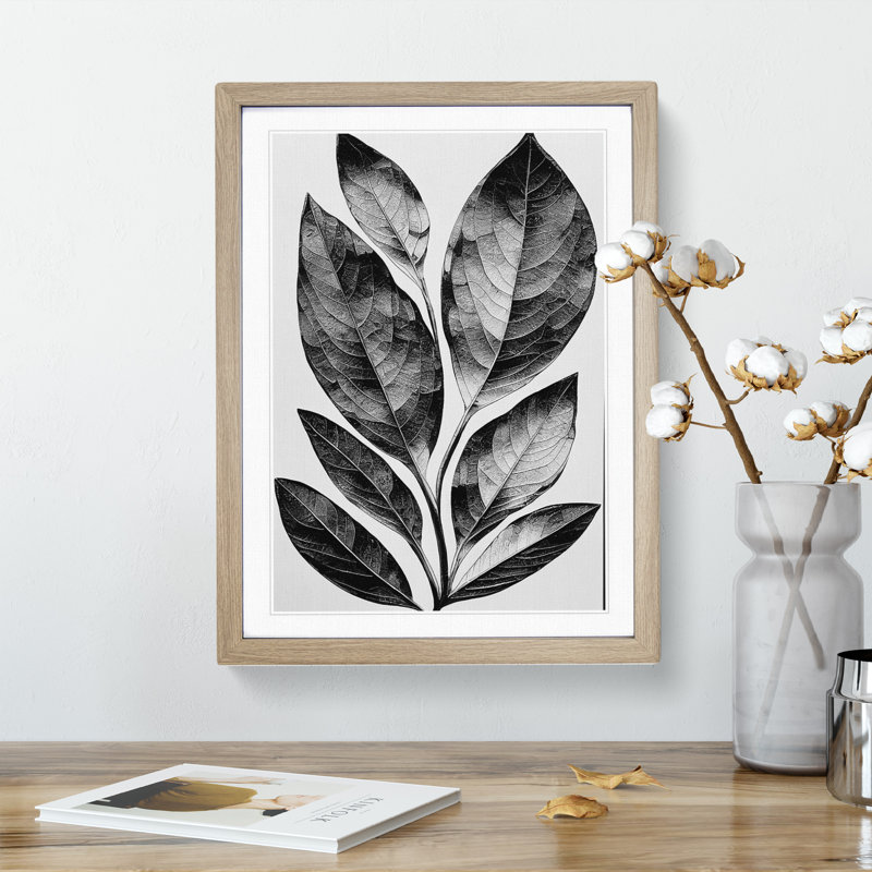 A Monochrome Leaves No.2 - Single Picture Frame Print, Oak Framed, 64cm H x 46cm W x 2cm D, White