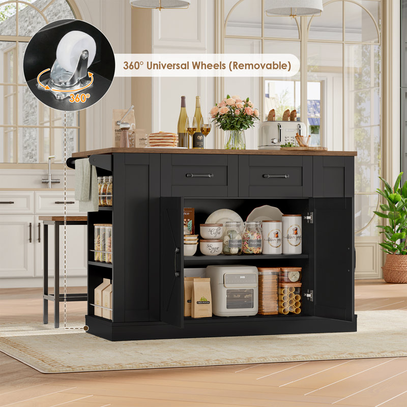 3 Pieces  Farmhouse Kitchen Island Cart with Power Outlets, 2 Stools & Drop-Leaf Top | Mobile Serving Cart with Storage & Removable Wheels