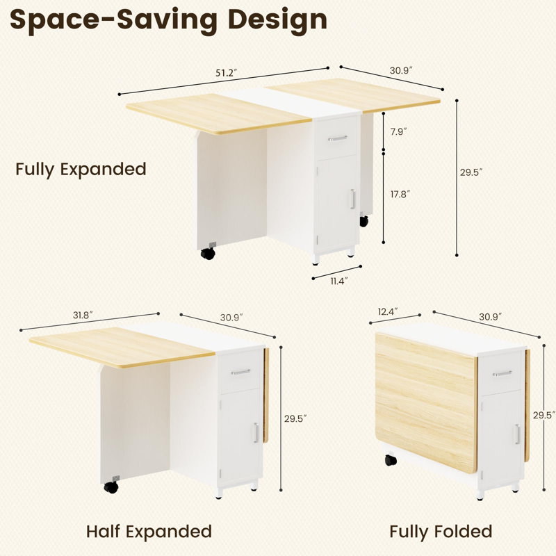 Table de salle à manger pliante pour 4 à 6 personnes, table de cuisine à abattants peu encombrante avec 2 tiroirs, 2 tablettes à 2 niveaux et 6 roulettes
