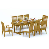 8 Seats 9 Pcs Grade-A Teak Wood Dining Set: 94" Mas Oval Trestle Leg Table And 8 Caranas Chairs (2 Arm & 6 Armless Chairs) #11Ca2302
