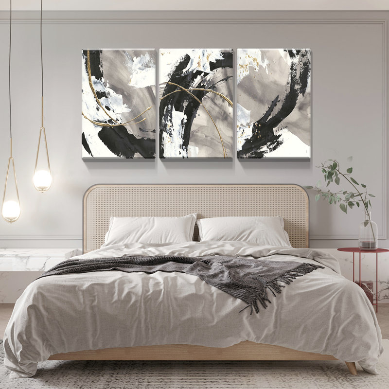 Peinture abstraite noire sur toile, 3 pièces, H 24 po x l 36 po x P 4,5 po