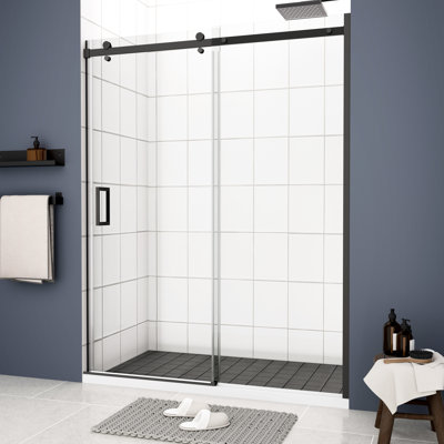 Sliding Shower Door With 5/16" Tempered Glass And Matte Black Finish - Smooth System For Bathroom Sliding, & Good Sealing