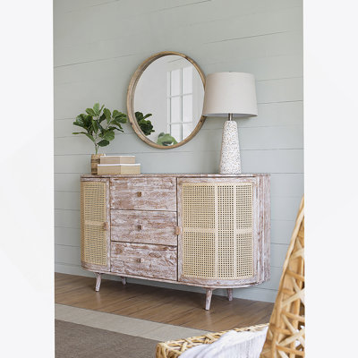 Stylish TV Console With Cane Doors, Offering Ample Storage And A Rustic-Modern Vibe For Your Home Entertainment Area.