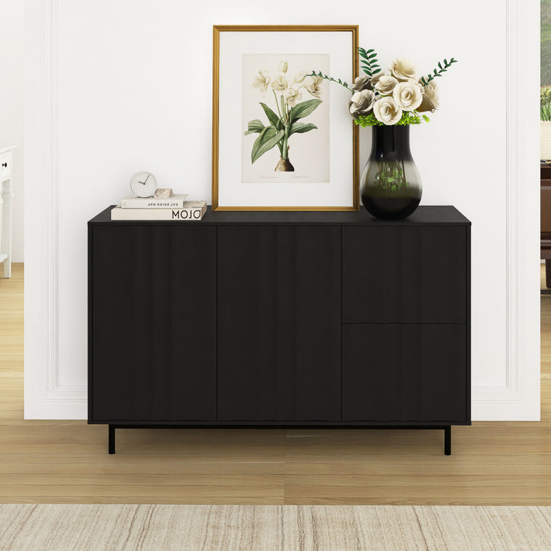 Buffet à motif de vagues avec 2 portes et 2 tiroirs, Noir, noir, noir, noir