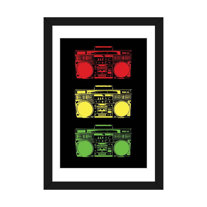 «Boom Box Cubed Rasta», impression sur toile, H 32 po x l 24 po x P 1 po, Papier d'art encadré noir, Blanc