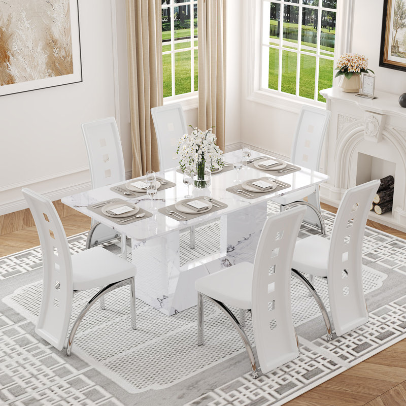 63'' Faux Marble Dining Table Set with Faux Leather Chairs, Set for 4 or 6 , 7 Pieces: Table, 6 Chairs, White/Chrome