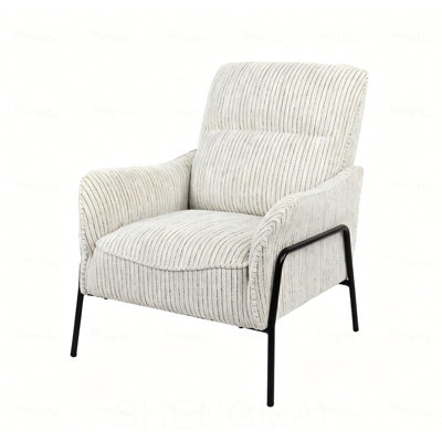 Chaise d'appoint rayée en tissu, fauteuil rembourré simple avec structure en métal noir, chaise longue rembourrée confortable, chaise d'appoint de lecture pour le bureau de la chambre à coucher, chaise de loisirs texturée crème grise