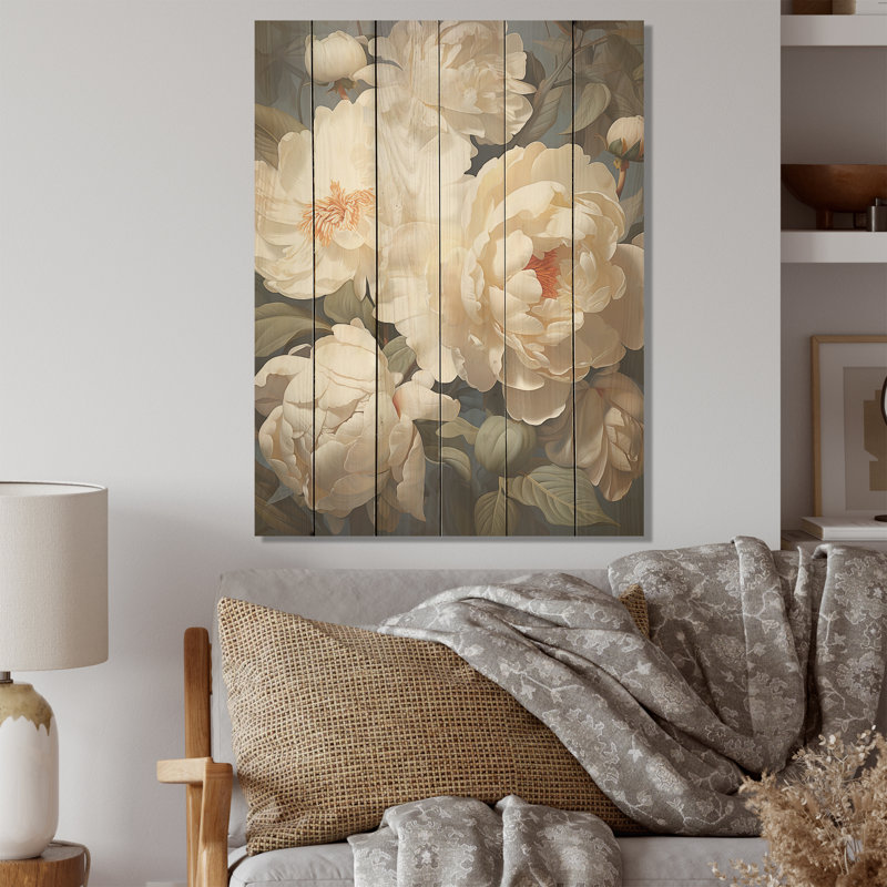 Pivoine parfumée beige I - pivoines, art sur bois de pin naturel, H 20 po x l 10 po