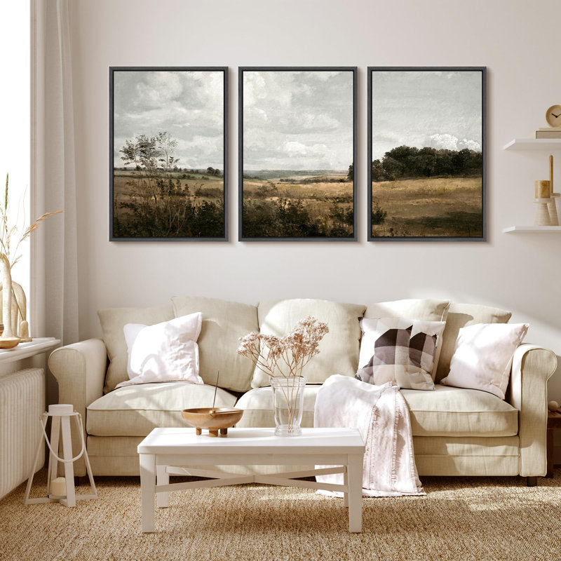 «Rustic Fields Tranquil Countryside Landscape Nature Wilderness Illustration Decor Panoramic Earth», 3 pièces sur toile