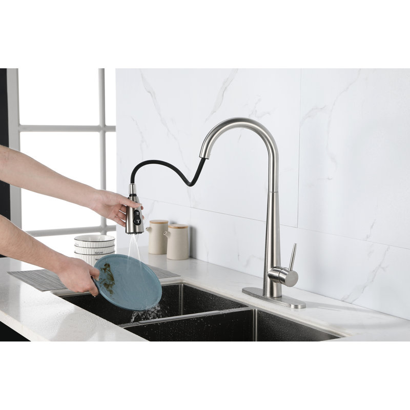 Brushed Nickel Kitchen Faucet With Pull Down Spray - High Arc Single Handle, Stainless Steel, Deck Plate, Elegant Flair Steel Plate Nickel, Look