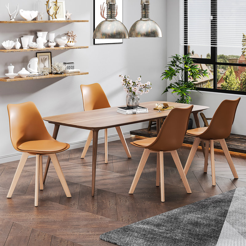 Dining Chairs Set Of 4, Mid-Century Modern Dining Chairs With PU Leather Seat Cushion, Ergonomic Molded Plastic Shell Chair With Solid Beech Wood Legs, Armless Kitchen Side Chairs For Dining Room, Living Room, Office