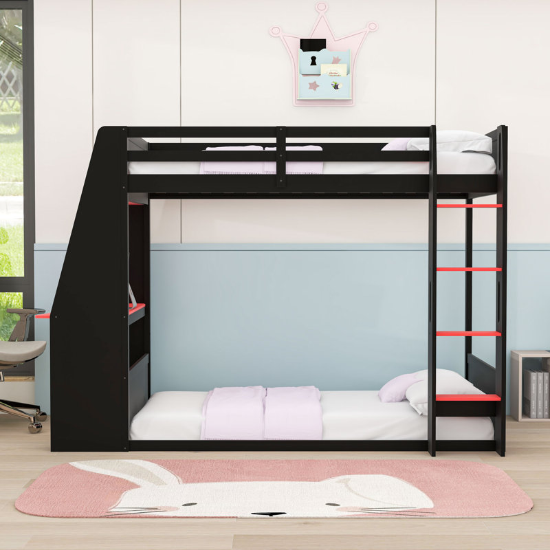 Bunk Bed With Desk, Storage Shelves USB And LED Light, Red, Queen