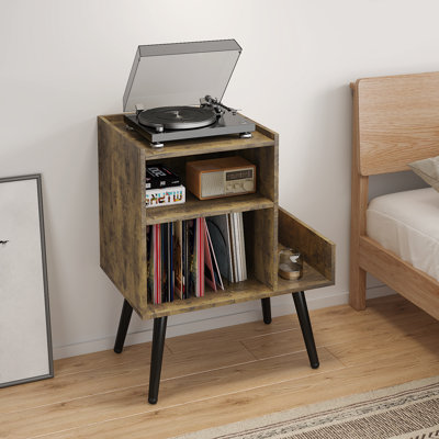 Record Storage Cabinet with Audio Shelf and Built-In Power Outlet for Bedroom, Living Room, Small Spaces
