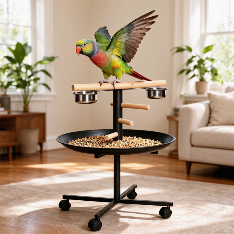 Station d'alimentation pour oiseaux avec roulettes, support de jeu portatif, bols et plateau en acier inoxydable pour l'intérieur et l'extérieur.