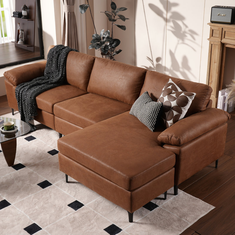 L Shaped Sectional With Reversible Chaise, Seat Comfy Suede Leather  Couch With Convertible Chaise, Modern Mid-century Sofa For Living Room