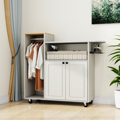 Rolling Ironing Board Cart With Adjustable Shelf, Lockable Wheels, Heat Cover, Ideal For Laundry Room - Antique White, Modern Style Portable Board, Shelf And Iron Rack, Use Design