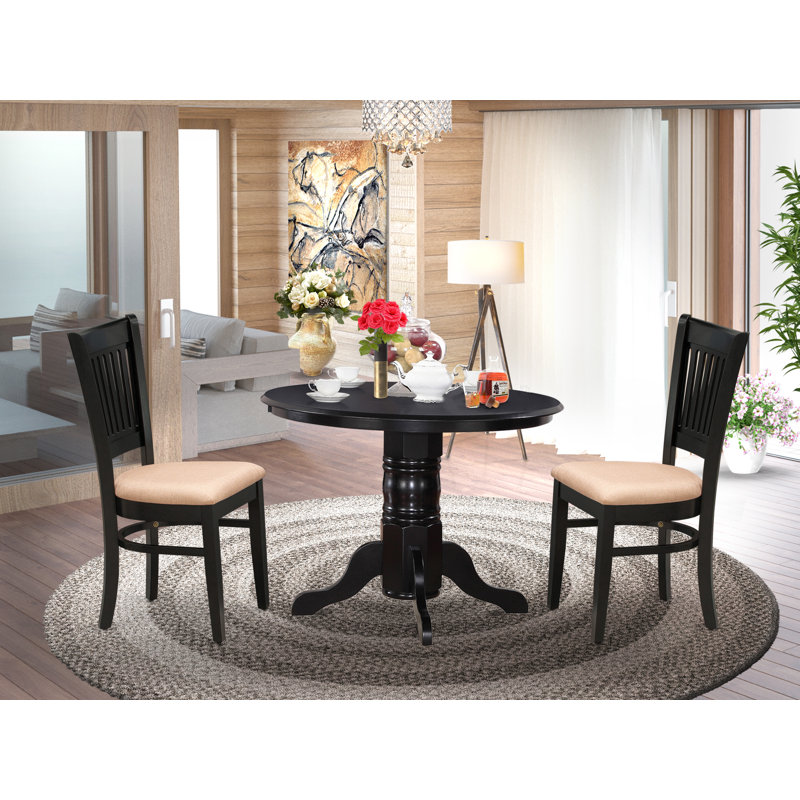 Ensemble de table de cuisine 3 pièces pour petits espaces comprenant une table ronde avec piédestal et 2 chaises de salle à manger en tissu de lin, noir