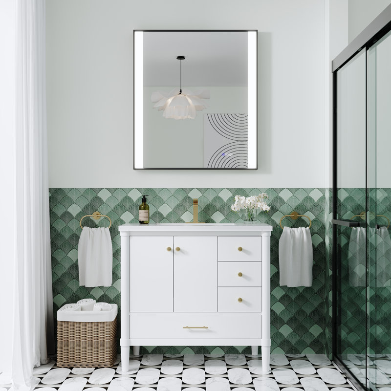 ZC-Mirror 36"H Wall Mounted Bathroom Rectangle Framed LED Mirror With Memory Function, 36" x 32"