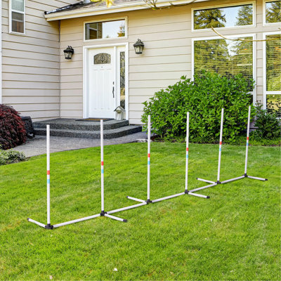 Dog Agility Training With Weaves Poles & Storage Container. Encourage Dog's Physical Exercises. Portable And Transportable. Fully Adjustable Setup. Build A Closer Relationship Your Pet. White