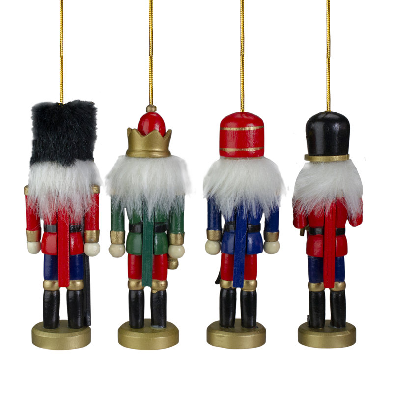 Set of 4 Classic Wooden Nutcracker Ornaments with Faux Fur