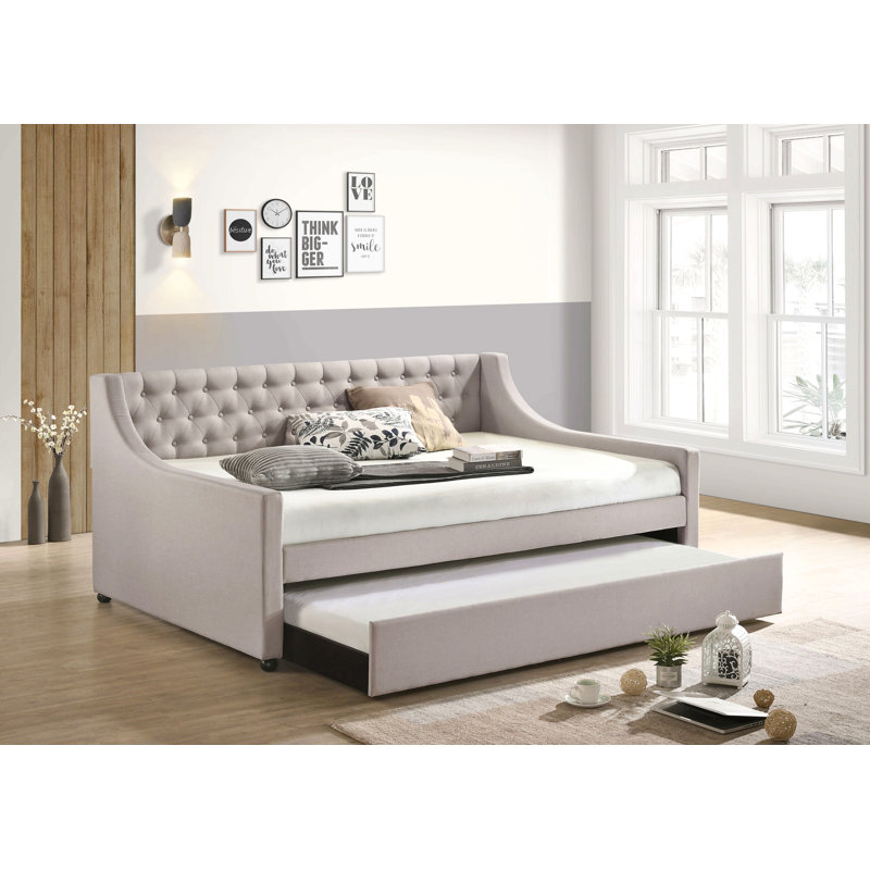 Daybed With Trundle Upholstered Tufted Sofa Bed, With Beautiful Round Armset Design, Fog, Full/Double