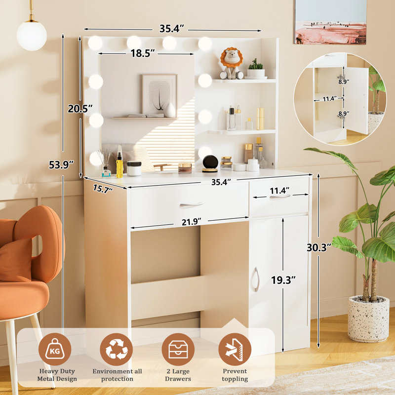 Make-up Vanity Table with Light Bulbs and Curved Handle, white