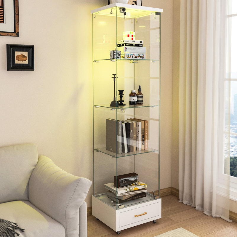 Quick - Assembly Elegant Tempered Glass Display Cabinet With 13 Colour Led And Drawer, 1 Door 4 Shelves For Kitchen, 14.4" W 16.7" D 65.8" H Modern Storage Case Dining Room,