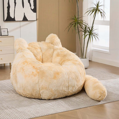 Pouf en fausse fourrure en forme de chat de 106 cm de large, fauteuil de sol confortable pour la lecture et les jeux vidéo, avec coussin pour la queue, jaune