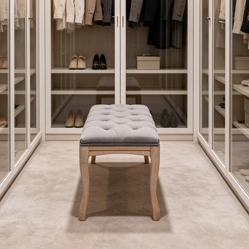 Banc de lit en lin touffeté rétro, avec pieds en bois sculpté vieilli, pour vestibule, salon, gris, Gray, Gris