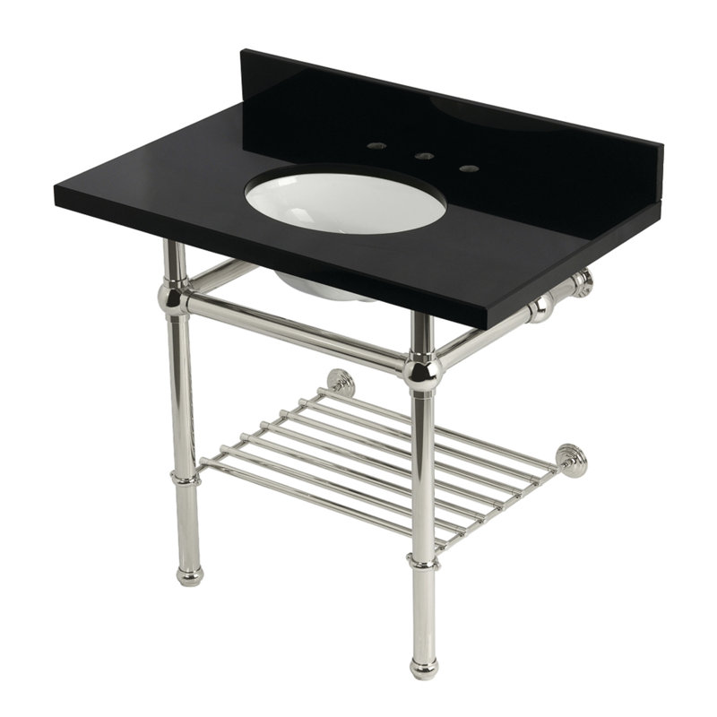 Kingston Brass Templeton 36-Inch Black Granite Console Sink with Brass Legs and Shelf (8-Inch, 3-Hole)