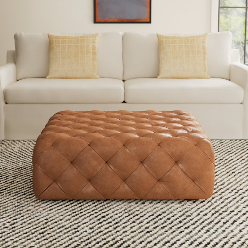 Turin 40'' Wide Genuine Italian Leather Ottoman, Cognac Tan