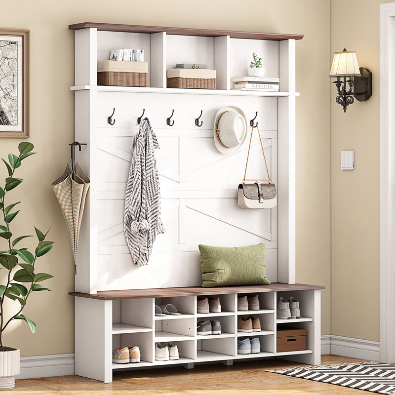 Farmhouse 4-in-1 Hall Tree with 6 Hooks, Entryway Bench, and 16 Shelves for Rustic Shoe Storage and Organization