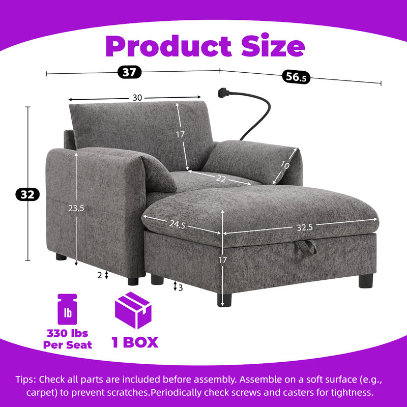 Canapé simple avec repose-pieds réglable, Gris