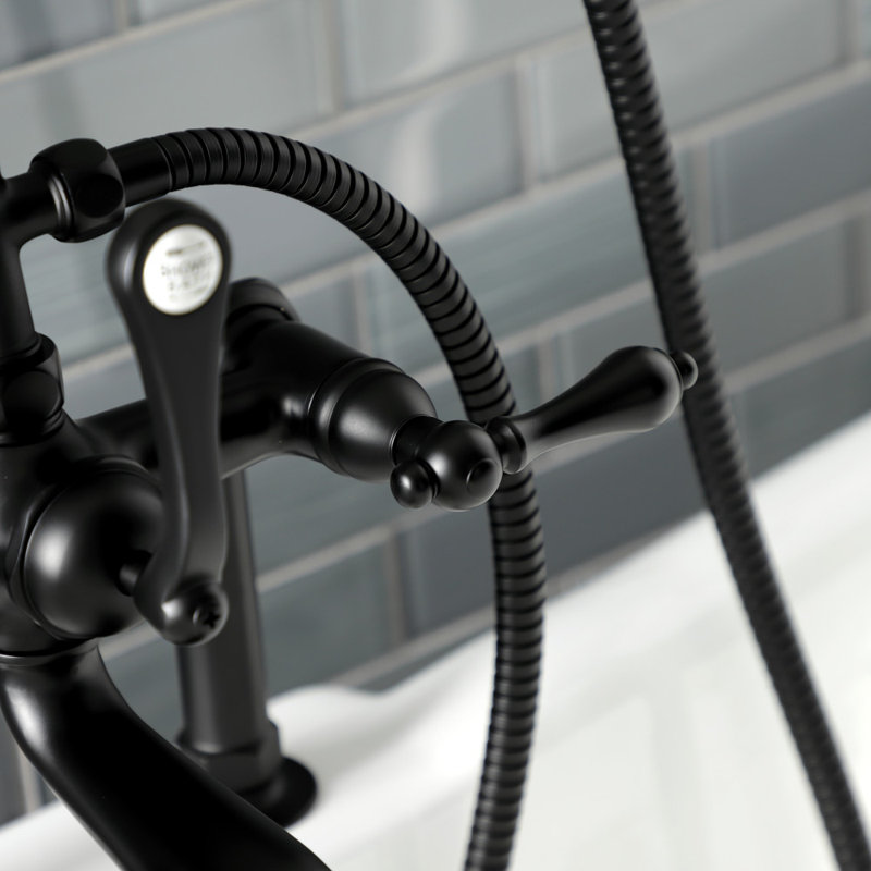 Kingston Brass Aqua Vintage Three-Handle 2-Hole Deck Mount Clawfoot Tub Faucet with Hand Shower, Matte Black