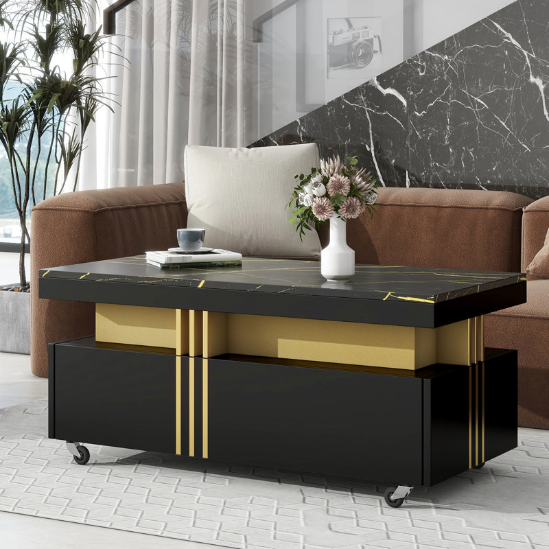 Table basse noire avec surface en faux marbre et tiroir de rangement, roues mobiles contemporaines
