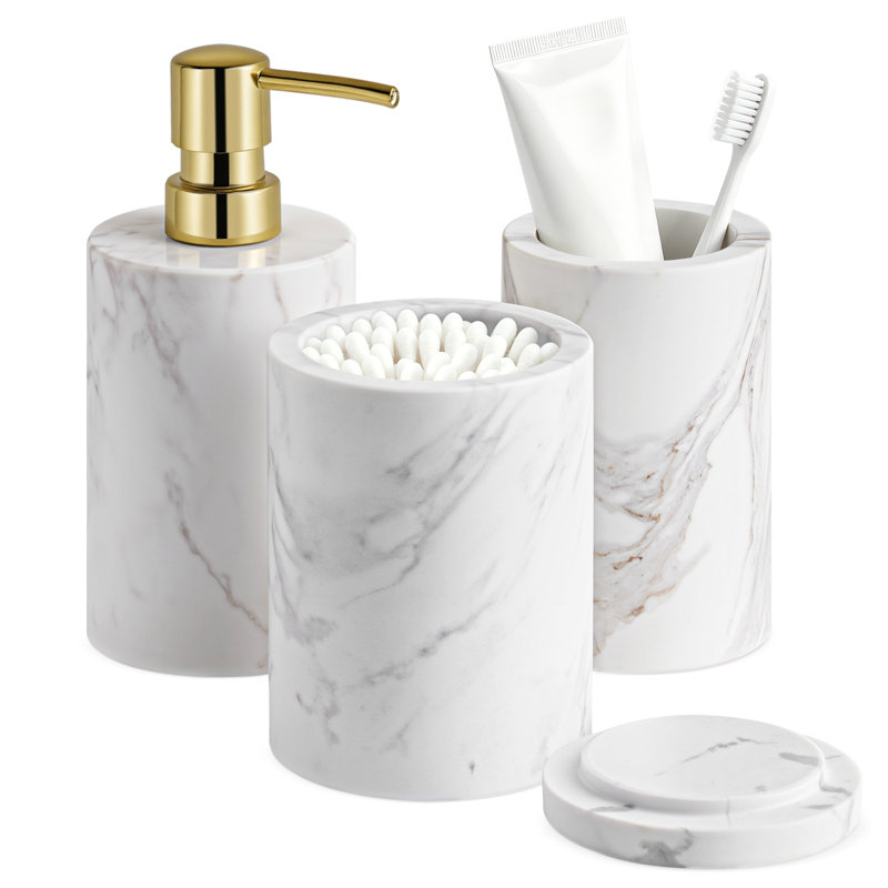 Ensemble de 3 accessoires de salle de bain en marbre naturel - Distributeur de savon, contenant à couvercle et porte-brosse à dents, pour comptoir de salle de bain, meuble-lavabo, salle d'eau