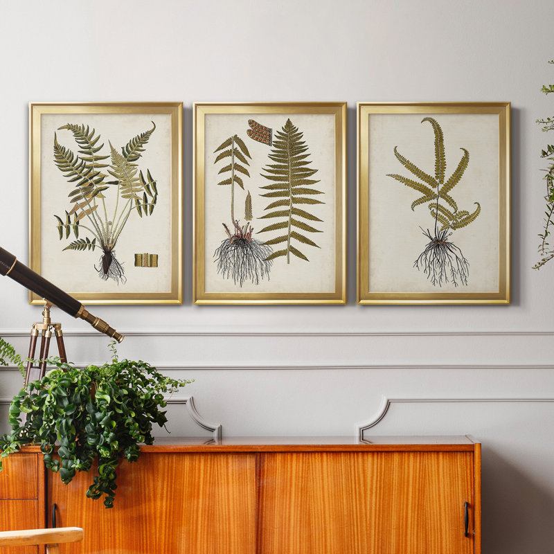 Fern Botanical IV - Ensemble de 3 peintures sur toile encadrées, H 22,5 po x l 91,5 po x P 1,5 po, Doré