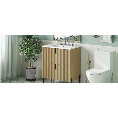 Meuble-lavabo avec lavabo en céramique, poignées verticales et tiroirs pleine extension, meuble-lavabo autoportant avec glissières de tiroir à fermeture en douceur