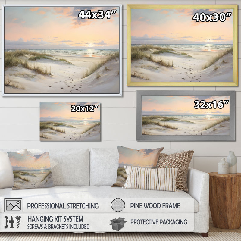 Beach Serenity - Doux rose pastel lever de soleil I - impression, H 34 po x l 44 po x P 1,5 po, Cadre simple argenté