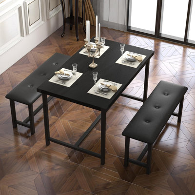 Ensemble de table de salle à manger pour 4 personnes, petit ensemble de table de cuisine avec 2 bancs rembourrés, ensemble de table de salle à manger rectangulaire 3 pièces de style campagnard, table de salle à manger peu encombrante pour appartement, noir