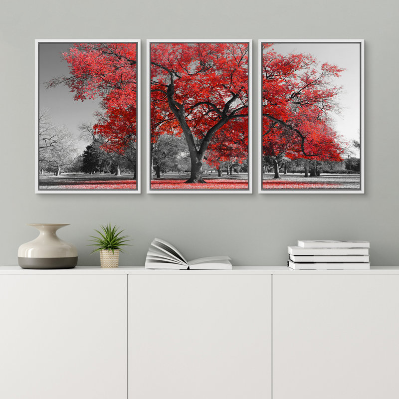 "Red Tree Leaves Forest In The Park Nature Landscape", ensemble de 3 reproductions sur toiles encadrées, Cadre flottant blanc