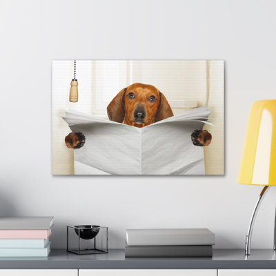 Funny Sausage Dachshund Reading Blank Paper On Toilet Funny Canvas Wall Art