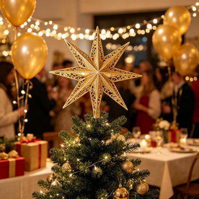 Décoration pour sommet de sapin Golden Hollow Star, décor en métal réfléchissant | Cadre en fer creux durable, accents réfléchissants scintillants, base anti-inclinaison légère, finition dorée chatoyante
