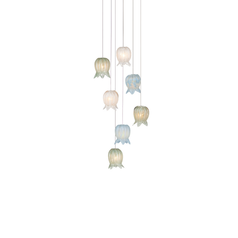 Polpo 7-Light Round Multi-Drop Pendant, 13" H x 13" W x 13" D, Blue/Green/White, 1050 Lumens