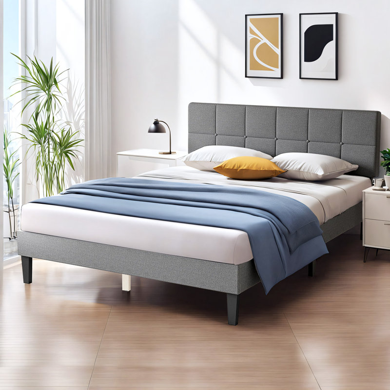Structure de lit plateforme tapissier avec tête de lit réglable en tissu touffeté, aucun sommier tapissier requis, gris