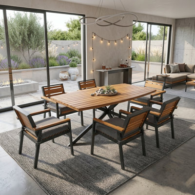 Ensemble de salle à manger d'extérieur / intérieur 7 pièces Modern avec plateau en bois d'acacia, 6 chaises larges avec coussins amovibles et structure en fer résistant à la rouille, gris