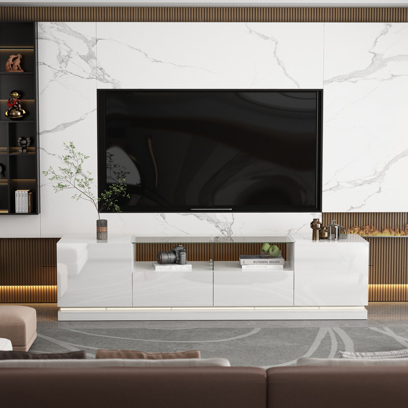 Modern LED TV Stand with Glass Shelf & Storage - 66.9"